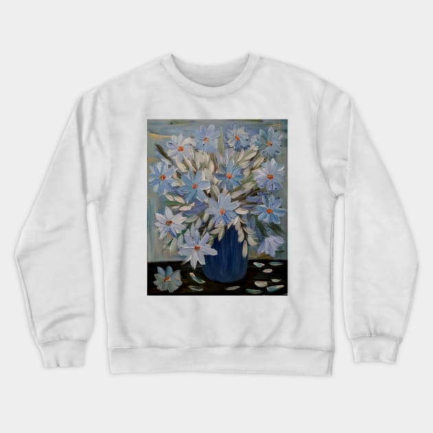 stunning some abstract flowers and silver leaves in a Blue and teal vase and I love the vase in metallic finish on it . Crewneck Sweatshirt by kkartwork